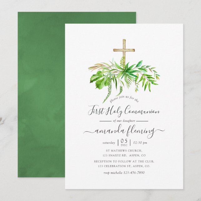 Invitation Forêt à l'aquarelle Première Sainte Communion (Devant / Derrière)