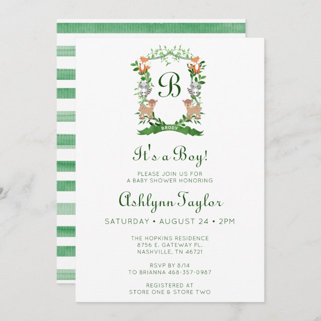 Invitation Forêt Animaux Crest C'est un Baby shower garçon (Devant / Derrière)
