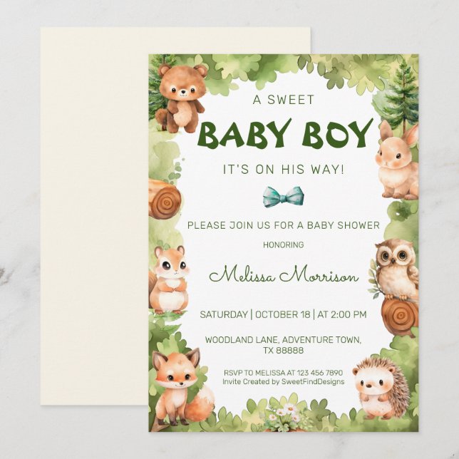 Invitation Forêt Animaux sauvages Bébé Garçon Douche (Devant / Derrière)