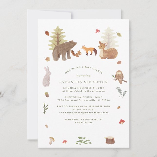Invitation Forêt Bois Animaux Baby shower mignon (Devant)