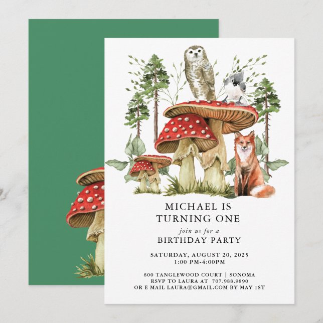 Invitation Forêt Bois Bois premier anniversaire (Devant / Derrière)