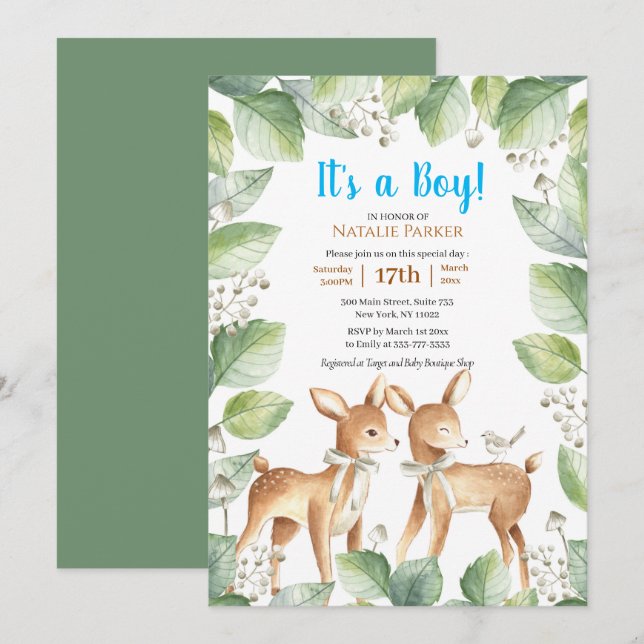 Invitation Forêt Bois Cerf Floral Boy Baby shower (Devant / Derrière)