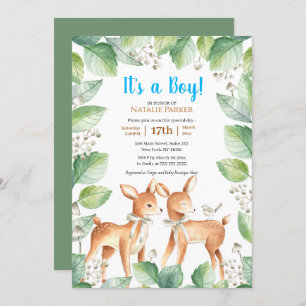 Invitation Forêt Bois Cerf Floral Boy Baby shower