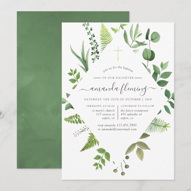 Invitation Forêt boisée de verdure baptême ou Christening (Devant / Derrière)