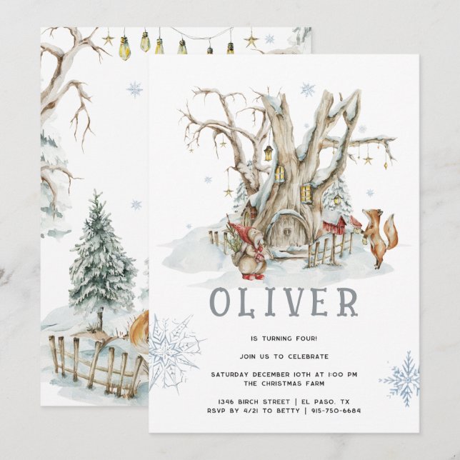 Invitation Forêt Boisée Hiver | Fête d'anniversaire de Noël (Devant / Derrière)