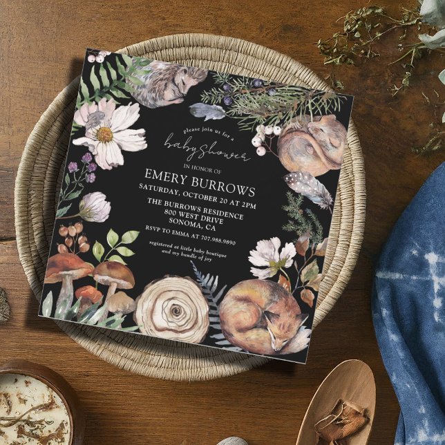 Invitation Forêt boisée mignonne Animaux Baby shower noir (Créateur téléchargé)