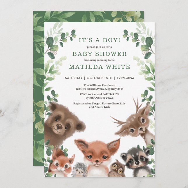 Invitation Forêt boisée mignonne Baby shower Animaux (Devant / Derrière)