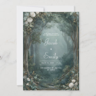 Invitation Forêt Brumeuse Dorée Chrysanthème Blanc de Mariage