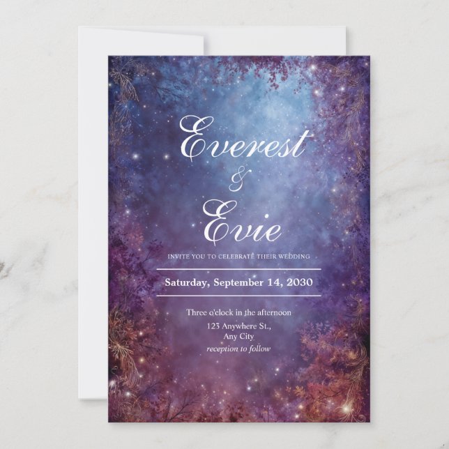 Invitation Forêt céleste enchantée Mariage or pourpre (Devant)