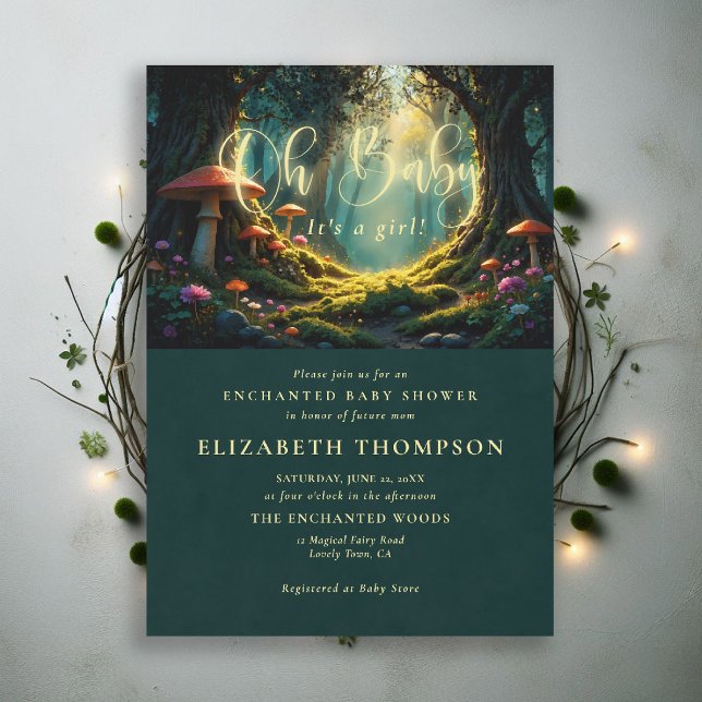 Invitation Forêt Champignons Conte de Fées Magique Oh Bébé Sh (enchanted woodland oh baby shower theme invite magical fairy tale mushrooms forest wildflowers glow)