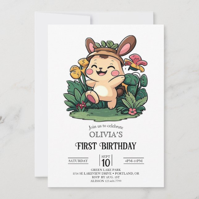 Invitation Forêt Cute Bunny 1er Anniversaire numérique (Devant)