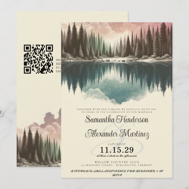 Invitation Forêt d'aquarelle avec Mariage de code QR (Devant / Derrière)