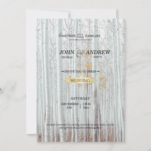 Invitation Forêt de Birch Blanc Mariage d'hiver (Devant)