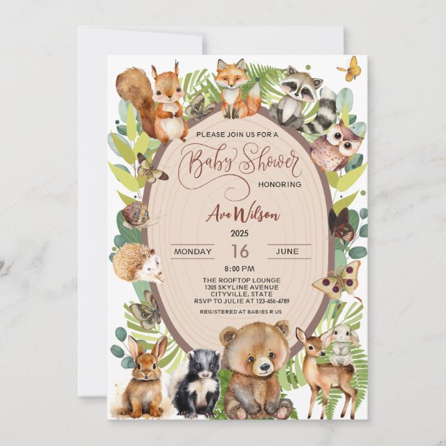 Invitation Forêt de bois Baby shower animal rustique mite (Devant)
