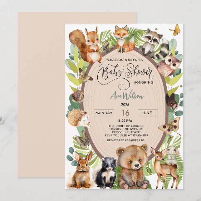 Invitation Forêt de bois Baby shower animal rustique mite (Devant / Derrière)