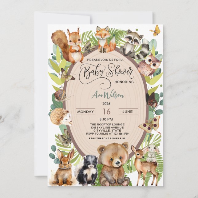 Invitation Forêt de bois Baby shower animal Verdure rustique (Devant)