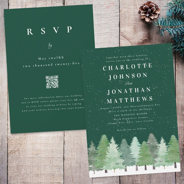 Invitation Forêt de bois Code QR Mariage d'hiver vert (Modern elegant watercolor Woodland forest green winter wedding qr code invitation)