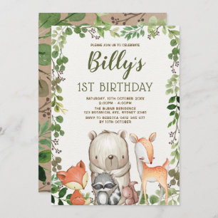 Invitation Forêt de Bois Cute Animaux 1er anniversaire
