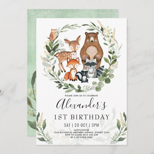 Invitation Forêt de bois douce Animaux 1er anniversaire Garço (Devant / Derrière)