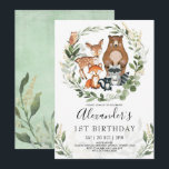 Invitation Forêt de bois douce Animaux 1er anniversaire Garço<br><div class="desc">Invitation à l'anniversaire de la forêt de Whimsical avec une adorable aquarelle illustration de cinq amis de la forêt et d'une douce végétation botanique</div>