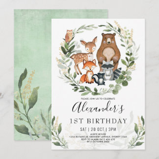 Invitation Forêt de bois douce Animaux 1er anniversaire Garço