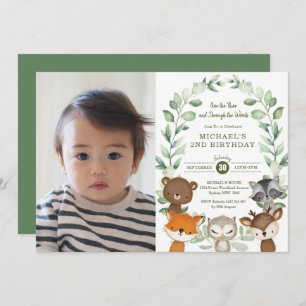 Invitation Forêt de bois douce Animaux verts Anniversaire