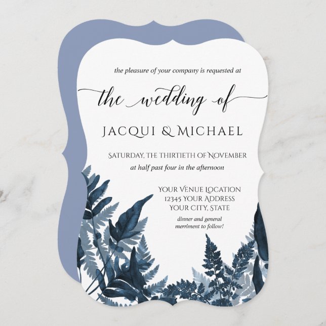 Invitation Forêt de Bois Feuillage Bleu Aquarelle Mariage (Devant / Derrière)