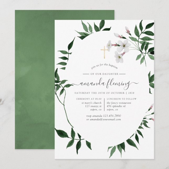 Invitation Forêt de bois verdure baptême ou Christening (Devant / Derrière)