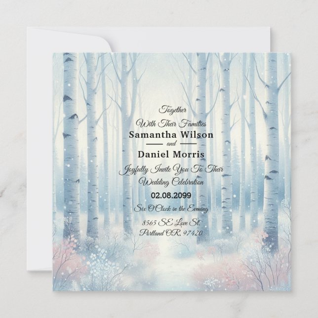 Invitation Forêt de bouleau bleu givré pour mariage (Devant)