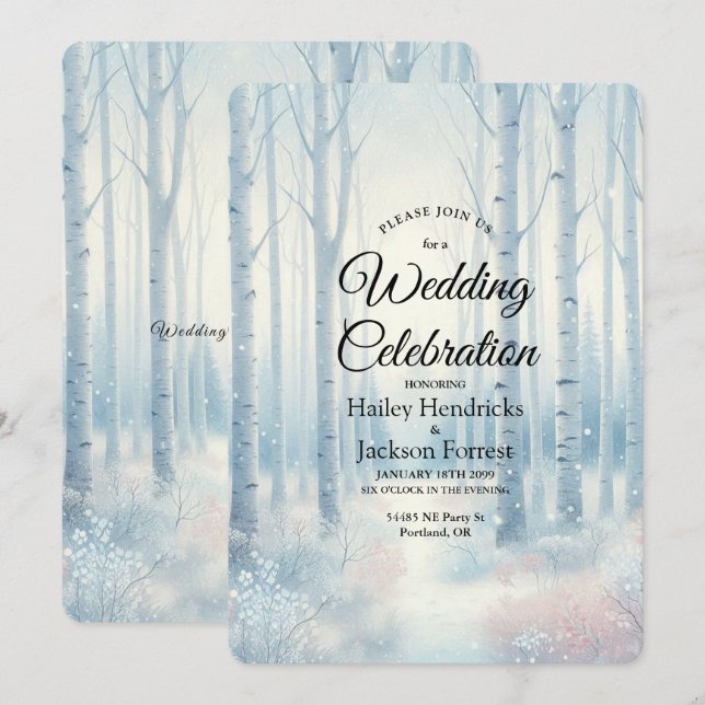 Invitation Forêt de bouleau bleu givré pour mariage (Devant / Derrière)