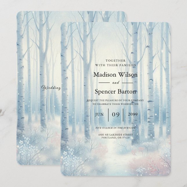 Invitation Forêt de bouleau bleu givré pour mariage (Devant / Derrière)