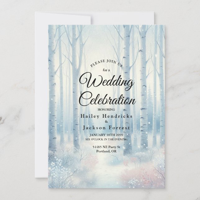 Invitation Forêt de bouleaux bleus givrés pour mariage (Devant)