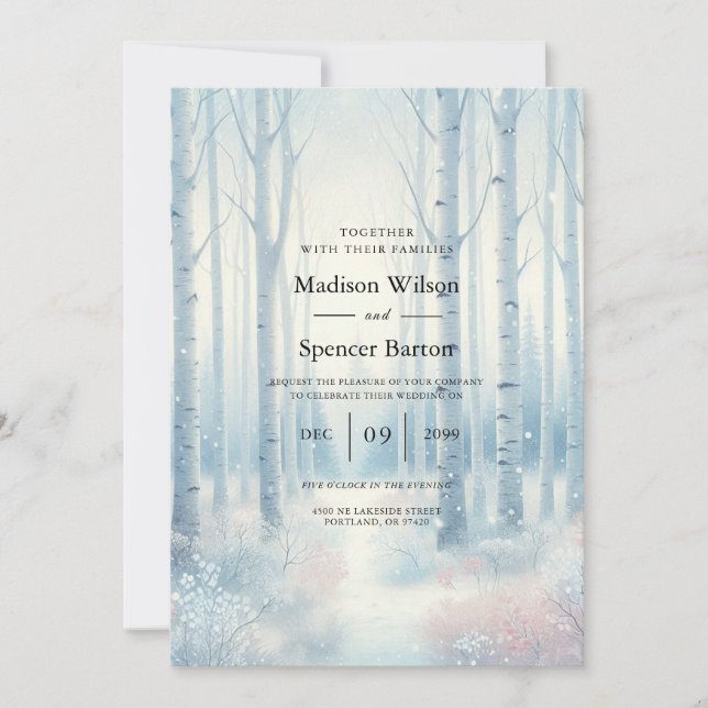 Invitation Forêt de bouleaux bleus givrés pour mariage (Devant)