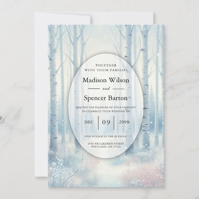 Invitation Forêt de bouleaux bleus givrés pour mariage (Devant)