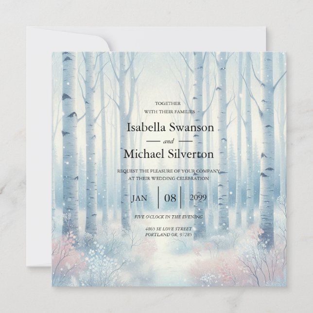 Invitation Forêt de bouleaux bleus givrés pour mariage (Devant)