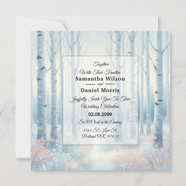 Invitation Forêt de bouleaux bleus givrés pour mariage (Devant)
