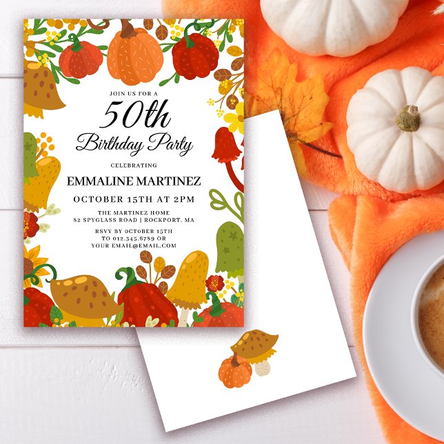 Invitation Forêt de champignons citrouilles automne 50e anniv (Need matching pumpkin and mushroom fall party supplies? Message me!)