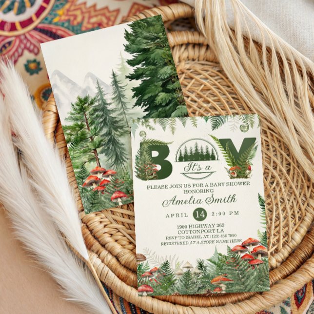 Invitation Forêt de Champignons en Bois Vert C'est un Garçon (Créateur téléchargé)