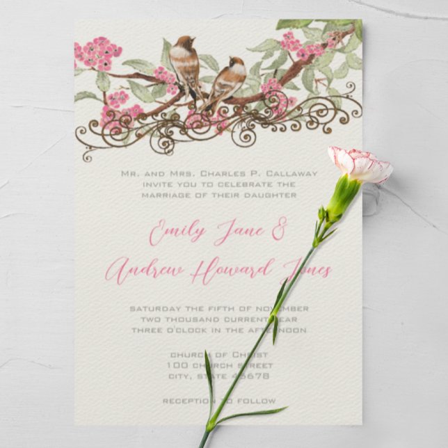 Invitation Forêt de conte de fées rose Amour Oiseaux Mariage  (Créateur téléchargé)
