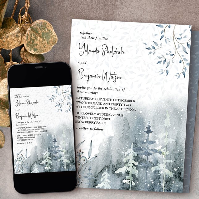 Invitation Forêt de neige délicieuse Feuille Mariage d'hiver (Wedding invitation from my Snow Forest Winter Wedding collection)