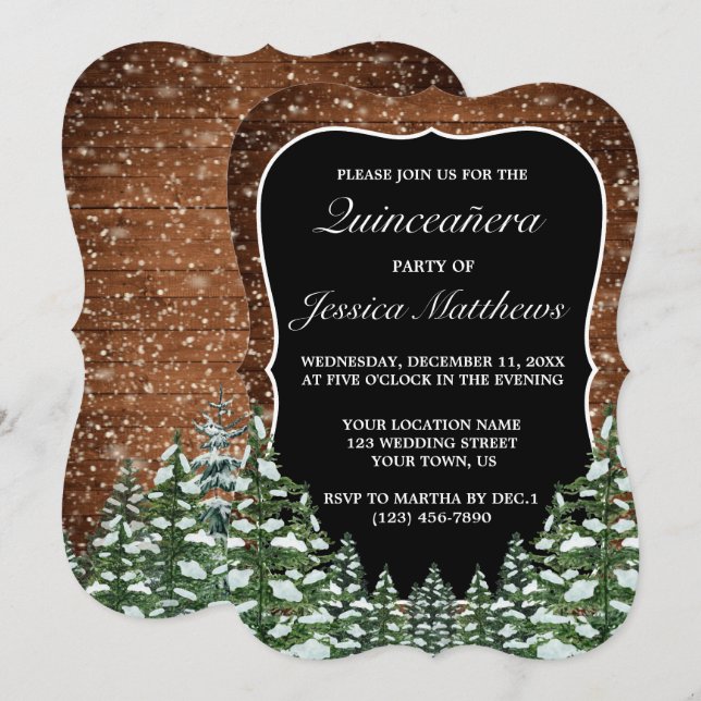 Invitation Forêt de neige noire et pin de bois Quinceañera (Devant / Derrière)