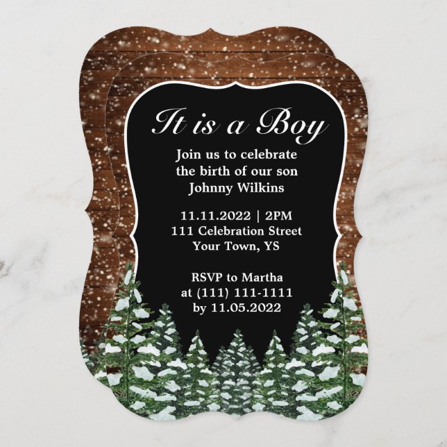 Invitation Forêt de neige Pine Bébé Garçon Fête de naissance (Devant / Derrière)