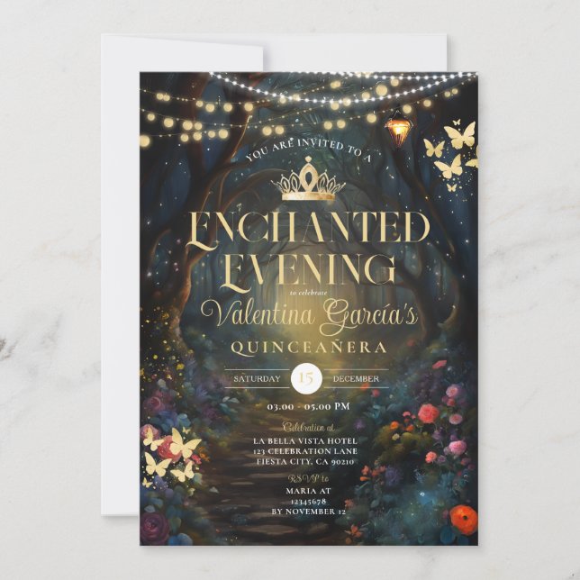 Invitation Forêt de papillons Quinceañera 15 Anos Fleurs Or (Devant)
