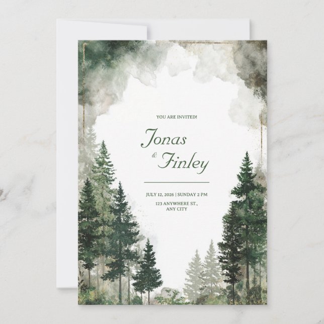 Invitation Forêt de pins à l'aquarelle poussière d'or rustiqu (Devant)