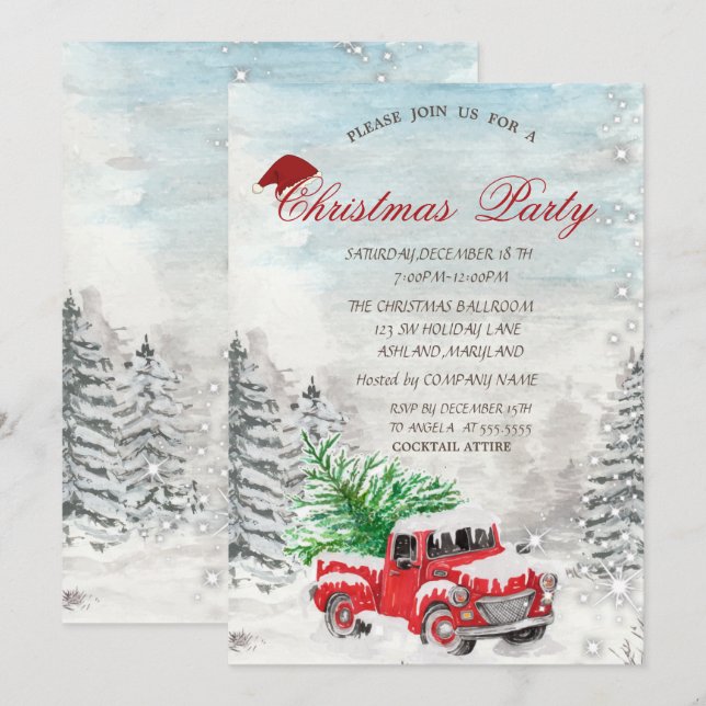 Invitation Forêt de pins au camion rouge de Noël (Devant / Derrière)