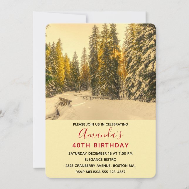 Invitation Forêt de pins couverts de neige Photo Anniversaire (Devant)