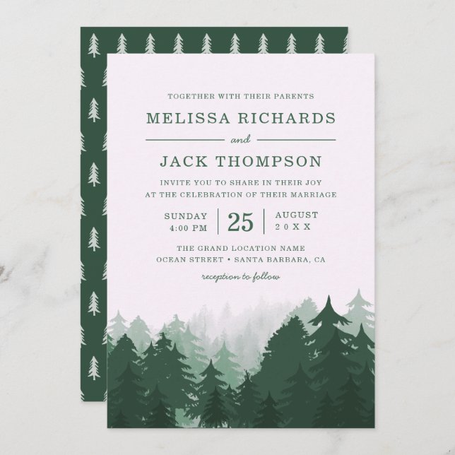Invitation Forêt de pins d'hiver Vert Mariage rustique (Devant / Derrière)