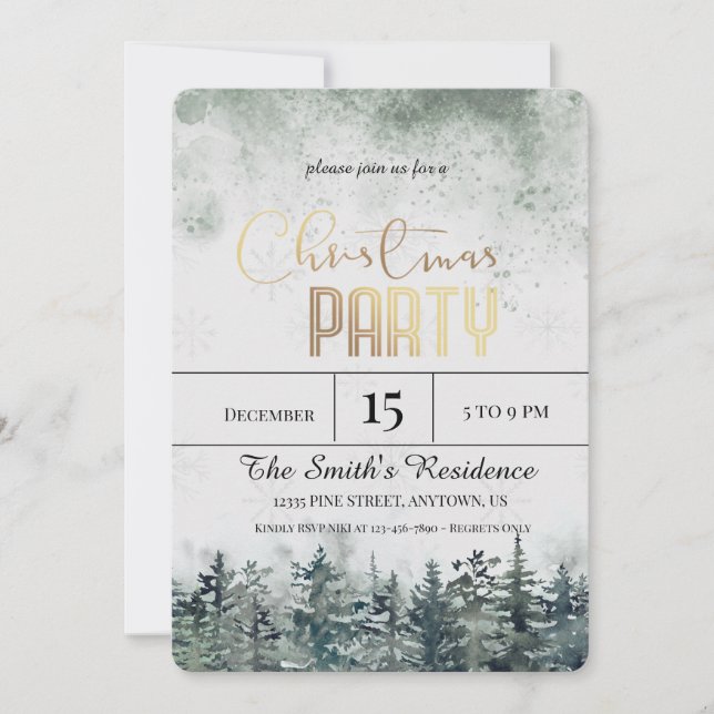 Invitation Forêt de pins enneigée à l'aquarelle Noël (Devant)