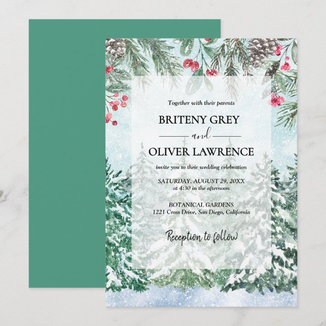 Invitation Forêt de pins enneigés aquarelle thème mariage (Devant / Derrière)