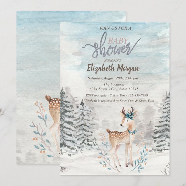 Invitation Forêt de rennes bébé Neige Baby Shower (Devant / Derrière)